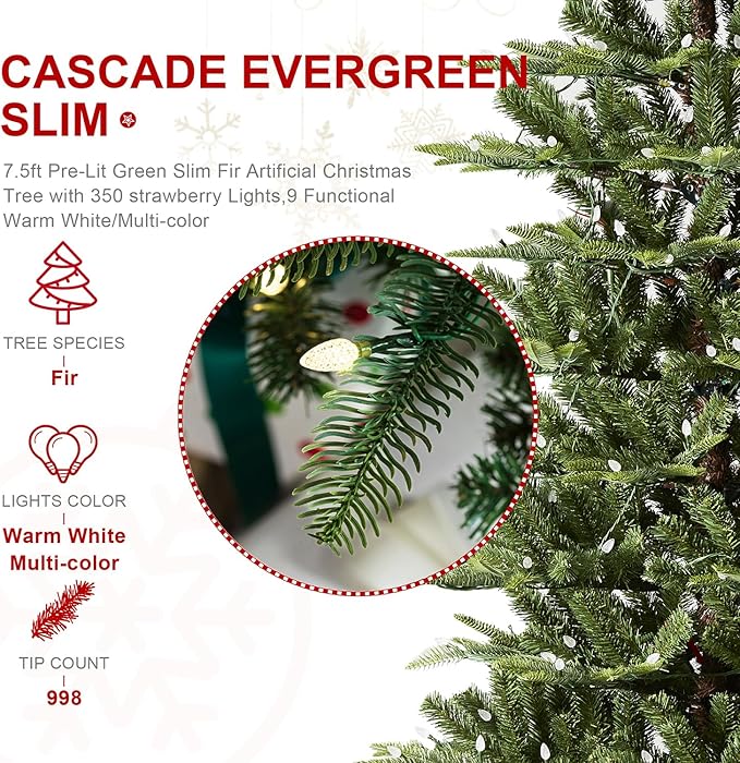 Glitzhome 7.5ft Pre-Lit Green Fir Christmas Tree, Cascade Evergreen Slim Artificial Holiday Christmas Tree with with 350 Strawberry Lights,9 Functional Warm White/Multi-Color, Remote Controller