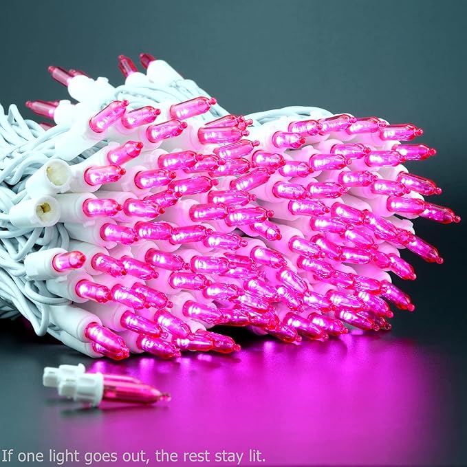 YULETIME 200 Pink LED Christmas Lights, 66 Feet White Wire UL Certified Commercial Grade Holiday String Light Set