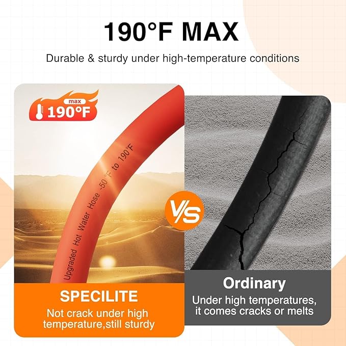 SPECILITE Hot/Cold Water Hose 5/8" x 25 ft,Heavy Duty Red Garden Hose -50℉ to 190℉,Flexible & Lightweight Rubber Hoses With 3/4" Brass Fittings for Yard,Outdoor,Farm
