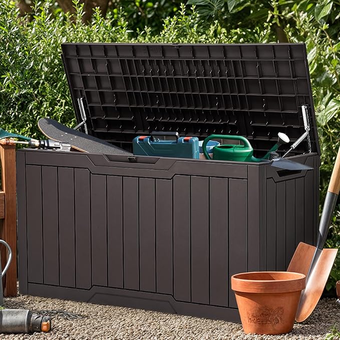 YITAHOME 100 Gallon Outdoor Storage Box, Large Water Resistant Resin Deck Box, Indoor Outdoor Lockable Storage Container for Patio, Garden, Cushions, Tools, Equipment (Dark Brown)