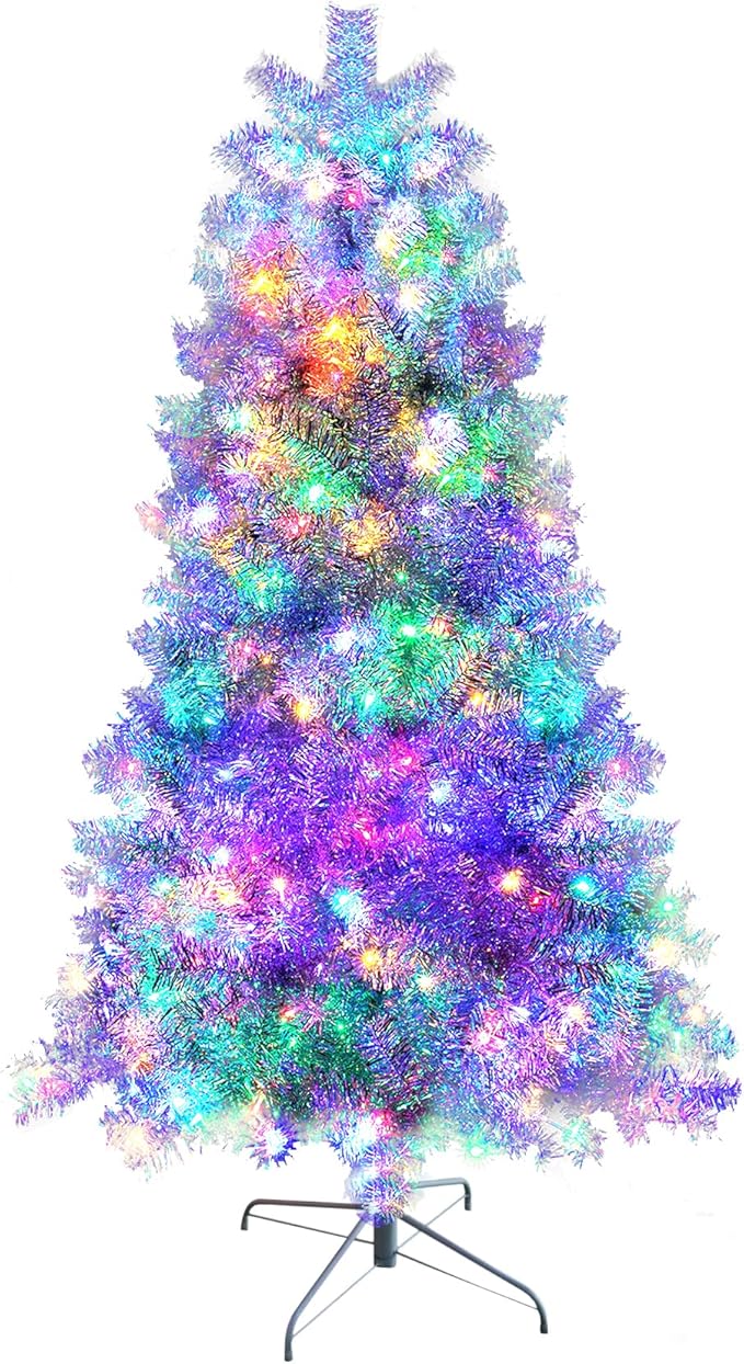 6FT Silver Pre-Lit Artificial Christmas Tree with Lights, Hinged Full Xmas Tree with 800 Branch Tips & 300 Multi-Color LED Lights, 11 Lighting Modes, Metal Stand, Indoor Outdoor Decorations
