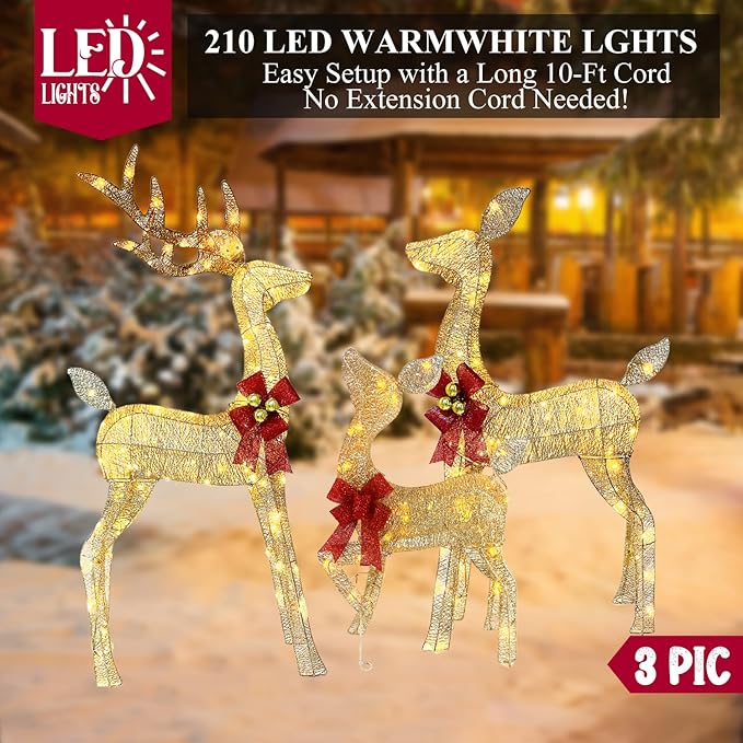 4ft Outdoor Lighted Reindeer Christmas Decorations, 3-Piece Reindeer Family Set with 240 LEDs, Bells, Red Bows, Durable Weatherproof Metal Frame for Yard, Garden, Indoor Holiday Decor, Gold