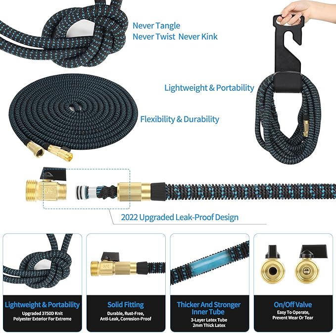 50 ft Expandable Garden Hose with 10 Function Nozzle Sprayer, Lightweight Flexible Water Hose with Durable Collapsible Latex Core & Solid Brass Fittings, 50ft Retractable Stretch Hose(Black Blue)