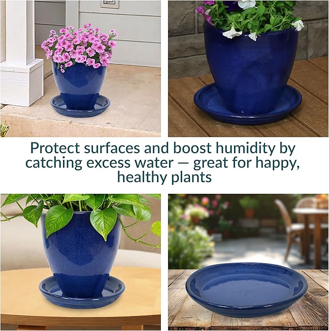 Sunnydaze 9-Inch Ceramic Plant Saucers - Plant Drip Trays for Outdoor Planter Flower Pot Drainage - Set of 2 - Imperial Blue