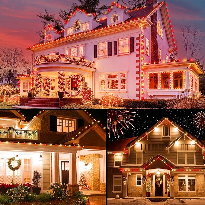 Brightown Red and Warm White C9 LED Christmas String Lights, 33ft 50 LED Waterproof Strawberry String Lights, Plug-in Extendable Green Wire Lights String for Outdoor Indoor Patio Party Decoration