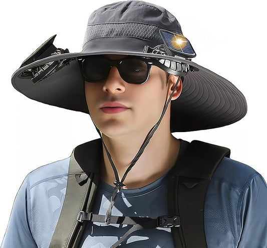 Wide Brim Solar Fan Hat for Men Women- UPF 50+ Sun Bucket Hat with 2 Built-in Solar Powered Fans for Fishing, Hiking & Beach