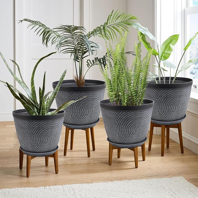 Quarut 4 Pack 8 Inch Flower Pots Planters for Outdoor Indoor, Plastic Plant Pots with Drainage Hole & Tray, Modern Decorative Garden Pot with Saucer, planters for House (Gray)