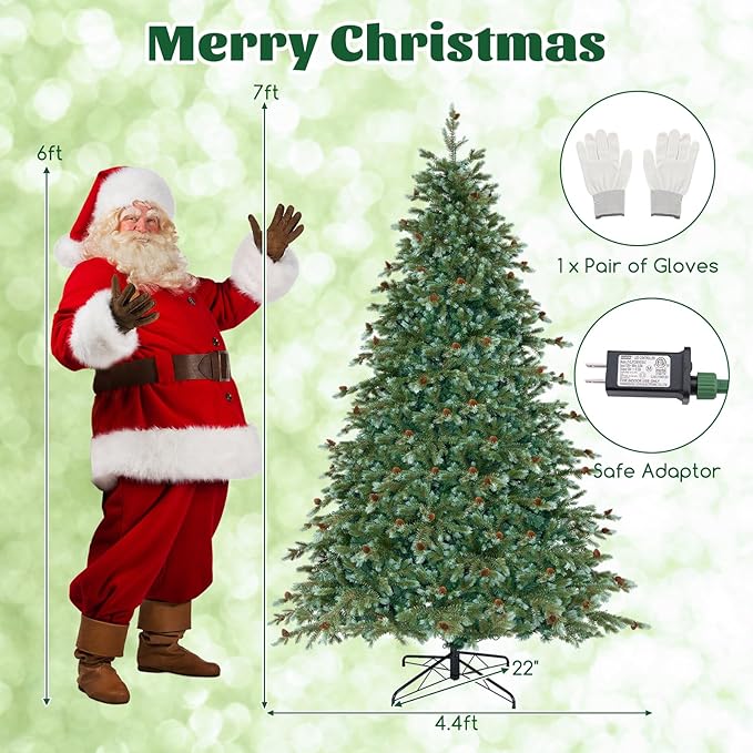 GOFLAME 7FT Pre-Lit Christmas Tree, Artificial Xmas Tree with 846 Branch Tips, 69 Pine Cones, 340 Warm White LED Lights, 8 Lighting Modes, Holiday Decoration Tree for Home, Shop & Office