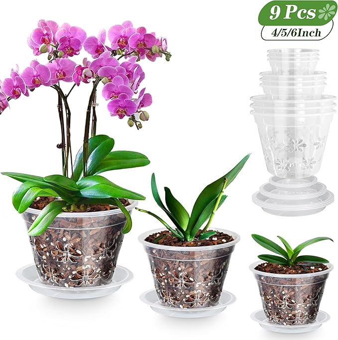 Orchid Pot 9 Pack | 3 of Each 4,5,6Inch,Orchid Pots with Holes & Saucers - Clear Plastic Pot for Repotting, Breathable Ventilation Planters for Phalaenopsis, Dendrobium & Oncidium Orchids