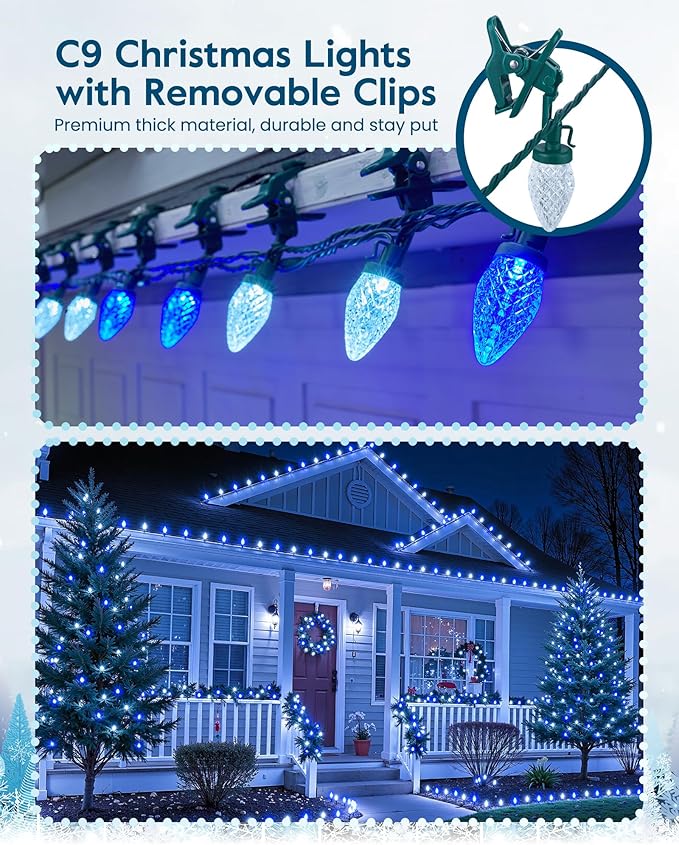 C9 LED Christmas Lights Outdoor with 100 Spring Clips, 81FT 100 LED C9 String Lights Waterproof Connectable for Outside Roofline Patio House Yard Windows Outdoor Christmas Decorations, Blue White