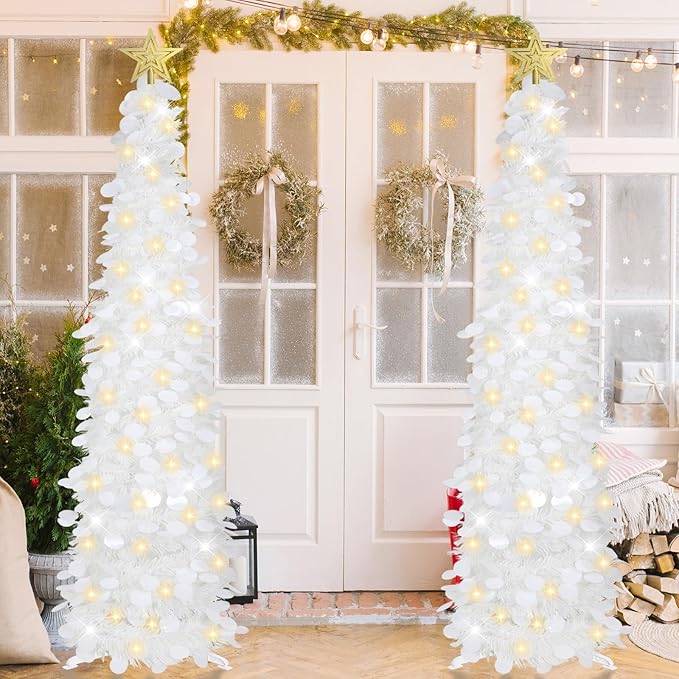 HMASYO 5 FT Pop Up Christmas Tree with Timer Lights, White Christmas Tinsel Tree, Collapsible Artificial Pencil Christmas Tree for Indoor Home Apartment Porch Holiday Party Decorations