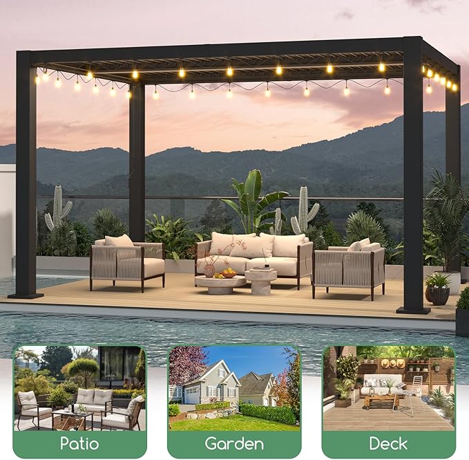 LVUYOYO Outdoor Louvered Pergola 10' x 13' with LED String Lights, Aluminum Pergola with Adjustable Roof, Waterproof Metal Gazebo for Patio, Backyard, Garden, Deck (10x13FT with Lights)