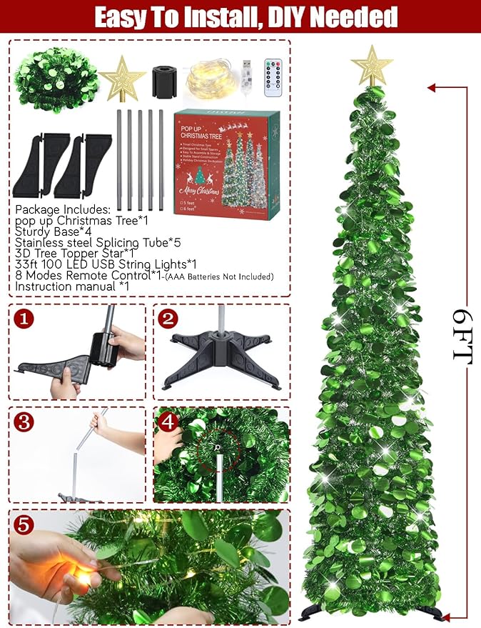 HMASYO 6 FT Pop Up Christmas Tree with 100 LED Lights & Remote, Green Christmas Tinsel Tree, Collapsible Artificial Pencil Tree for Home Office Party Decor, USB Powered Timer Lights, Easy Assembly