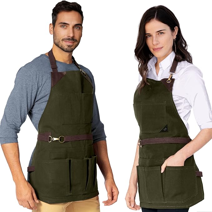 Under NY Sky Tool Forest Green Apron – Heavy-Duty Waxed Canvas, Leather Reinforcement, Extra Pockets – Adjustable for Men and Women – Pro Mechanic, Woodworker, Blacksmith, Plumber, Electrician Aprons