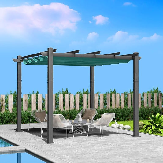 Kozyard Morgan Outdoor Retractable Pergola with Sun Shade Canopy Patio Aluminum Pergola Shelter for Backyard Deck Garden Modern Metal Grill Gazebo (10' x 10', Blue)