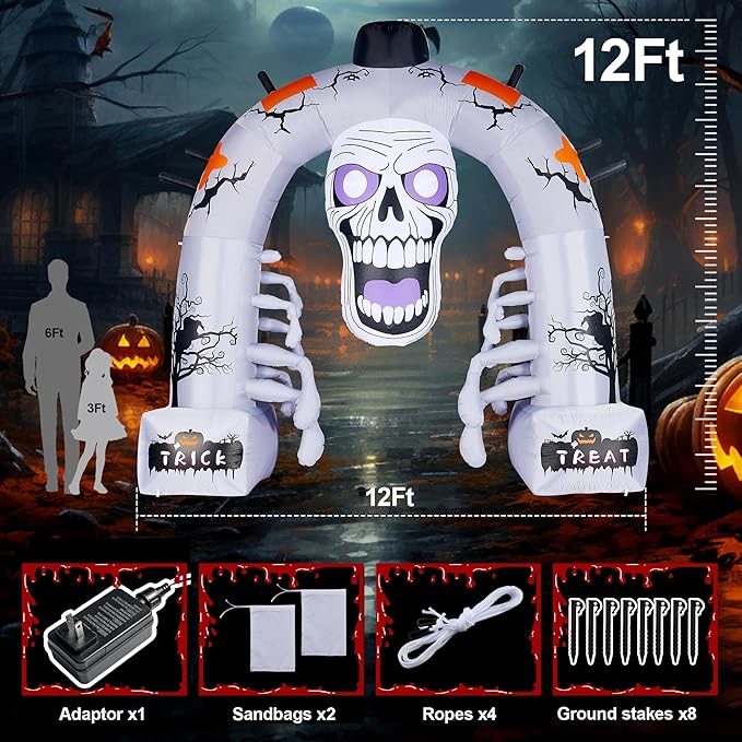 12 FT Halloween Inflatables, Scary Skeleton Archway Halloween Inflatable Outdoor Decoration, Build-in LEDs Spooky Blow Up Yard Halloween Arch for Decor Outside Holiday Party Garden Lawn
