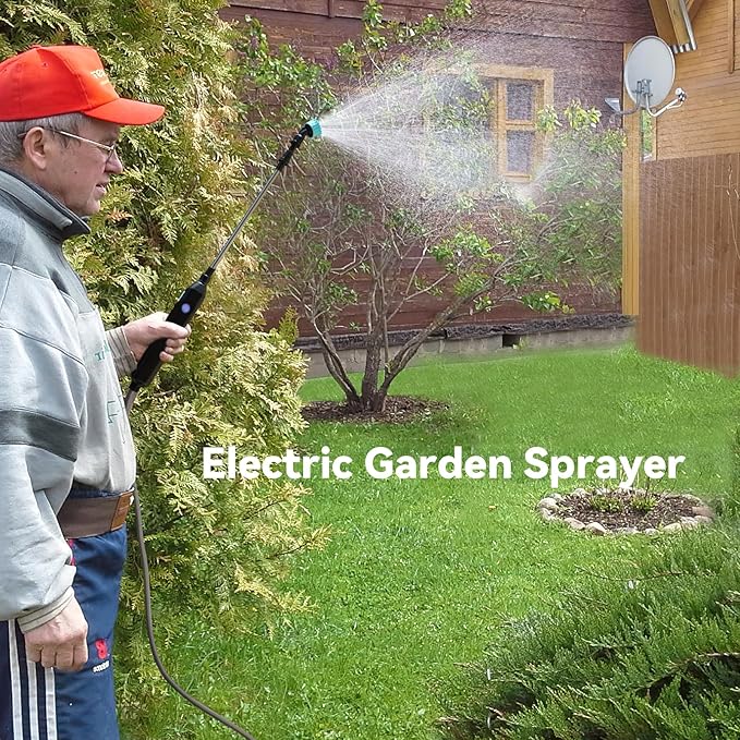 TOOVEM Electric Garden Sprayer, Portable Battery Powered Watering Wand, Rechargeable Plant Spray Mister with Telescopic Wand, 3 Adjustable Nozzles and 10ft Water Hose for Yard Lawn Weeds Plants