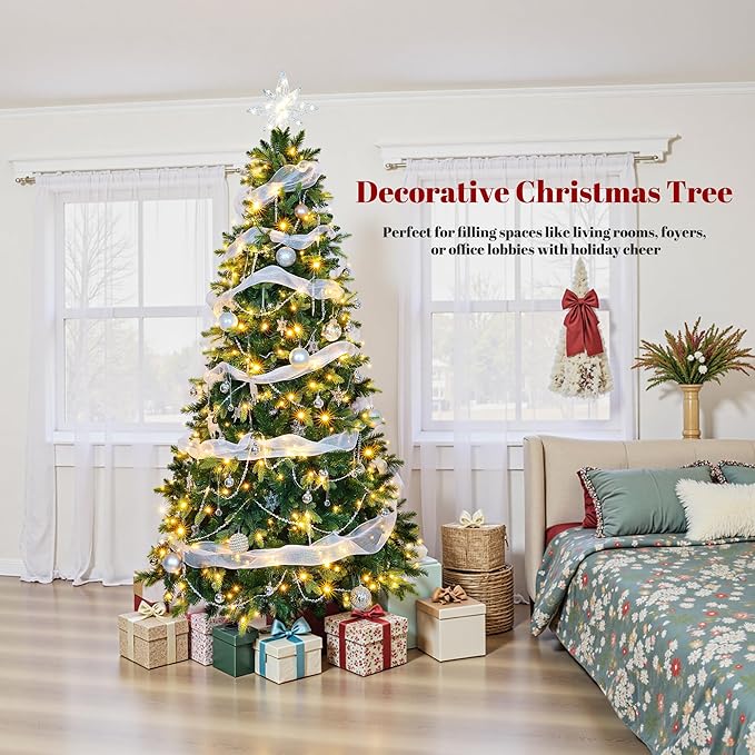 Thalassophile 9ft Pre-Lit Full Christmas Tree with Rotating Stand, Prelit Rotating Artificial Hinged Realistic Xmas Tree with Remote, 600 Lights Warm White & Multi Color, 2512 Branch Tips, Green