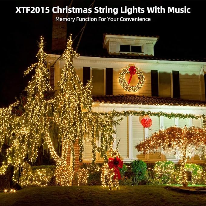 Music Motion Sensor Christmas String Lights 105ft 300 LED, Warm White Christmas Tree Light，End to End Plug In 6 Modes Christmas Lights, Waterproof for Indoor Outdoor Tree Party Yard Room Decor