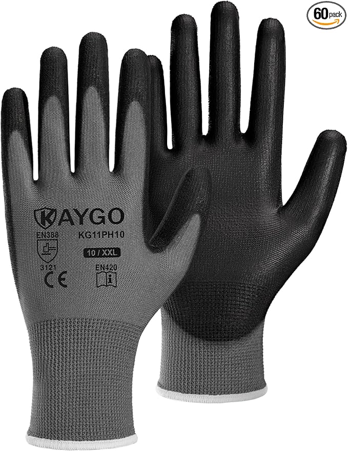 KAYGO Safety Work Gloves PU Coated, 60 Pairs KG11PB, Seamless Knit Glove with Polyurethane Coated Smooth Grip on Palm & Fingers, for Men and Women (X-Large, Gray)