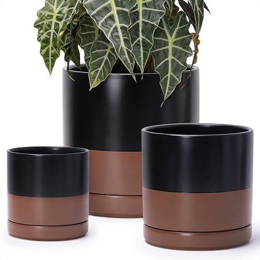 D'vine Dev 6 Inch & 8 Inch & 10 Inch, Set of 3 Round Ceramic Planter Pot with Drainage Hole and Saucer, Black/Speckled Tan, 94-T-L-7