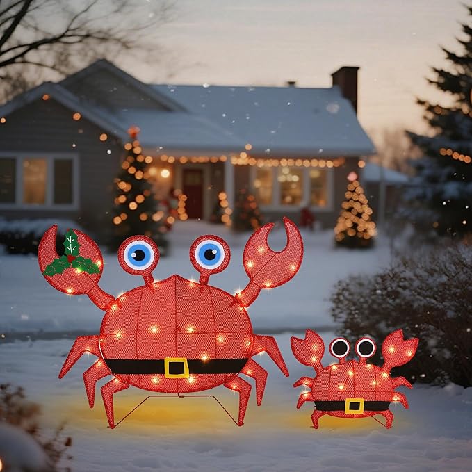 Prsildan Outdoor Christmas Decorations - Set of 2 LED Lighted Crab Yard Decor, 2D Battery Operated Holiday Lawn Figures for Porch, Garden, Home, Xmas Party Decor (Red)