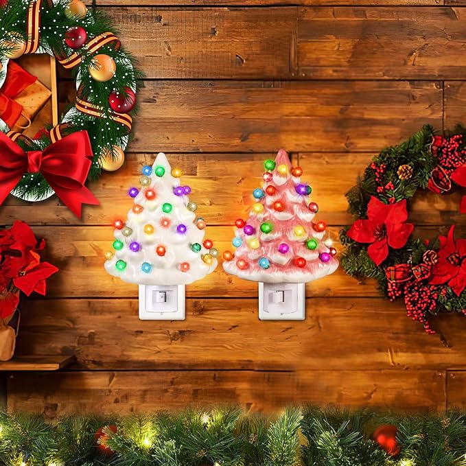 Tfro & Cile Ceramic Christmas Tree Night Light 2 Pack Xmas Decorative Tree Lamp Small Vintage Light Up Bathroom Decor with On/Off Switch for Home Bedroom