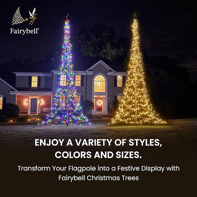Fairybell - Flagpole LED Christmas Tree - Outdoor Christmas Decorations - Luminous Switch - 2,000LED Tree - 20ft - Suitable for Existing Flagpoles - Outdoor Lighting