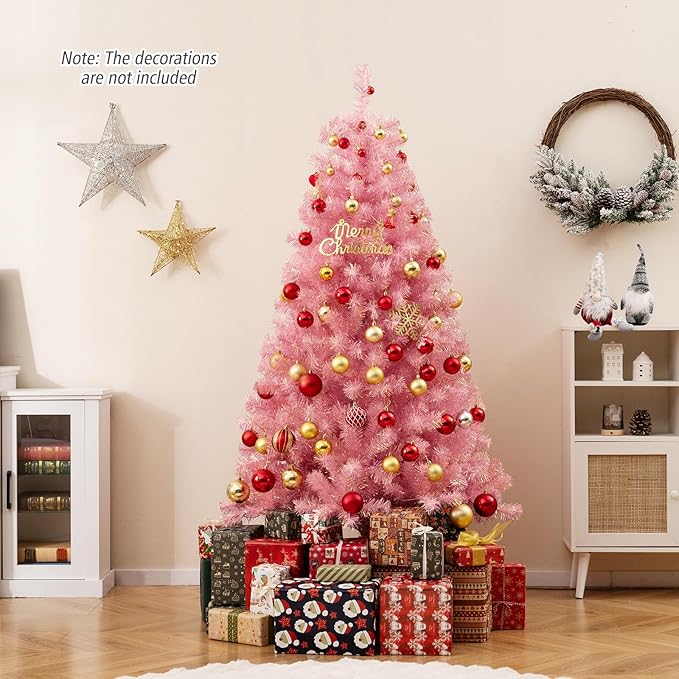 Goplus 6 FT Pre-Lit Tinsel Christmas Tree, Artificial Hinged Xmas Tree with 250 Warm White LED Lights, 8 Modes, 688 Lush Branch Tips, Metal Stand, Home Office Seasonal Holiday Decoration, Pink