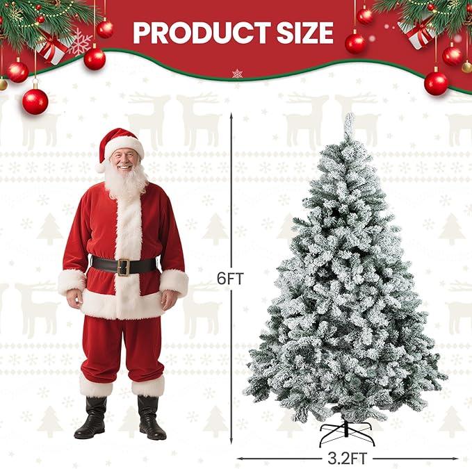 Beyond 6FT Snow Flocked Artificial Full Christmas Tree, Hinged Spruce Christmas Tree with 1100 Branch Tips, Xmas Tree with Metal Stand for Home, Party Decoration, White