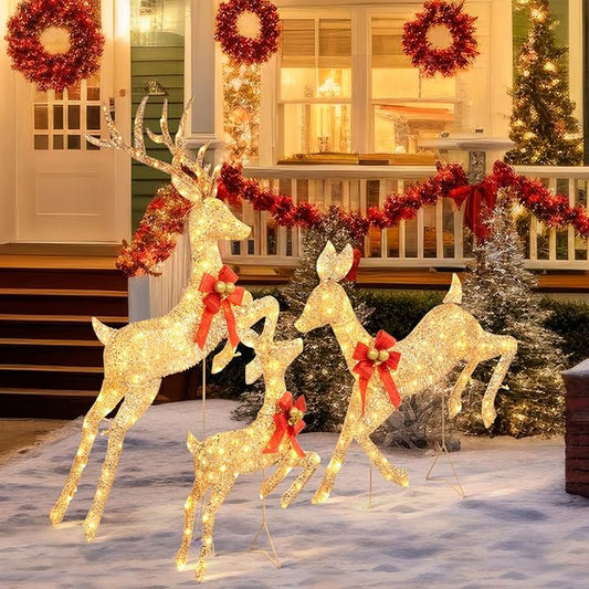 3-Piece Lighted Reindeer Christmas Decoration with 210 Warm White LED Lights, 5FT 3D Glittered Christmas Deer Family Set Outdoor Decorations, Plug in Deer Decor for Lawn Yard Patio Garden