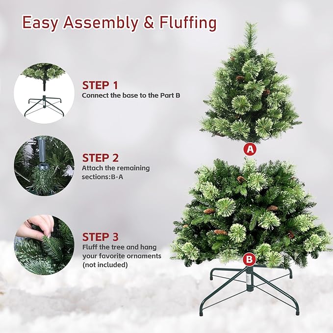 Kadunmina 4ft Artificial Christmas Tree Carolina Pine Tree, Unlit Hinged Premium Xmas Trees with 647 Branch Tips, Pine Cones, Foldable Metal Stand for Home, Office, Holiday Party Decoration