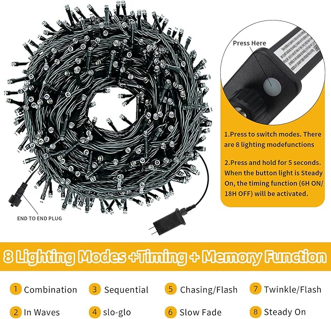 Chuya Christmas Tree Lights String Lights 500 LED 164FT Outdoor Indoor Decoration, Waterproof Warm White Fairy Light Christmas Lights End to End Connectable 8 Lighting Modes UL588