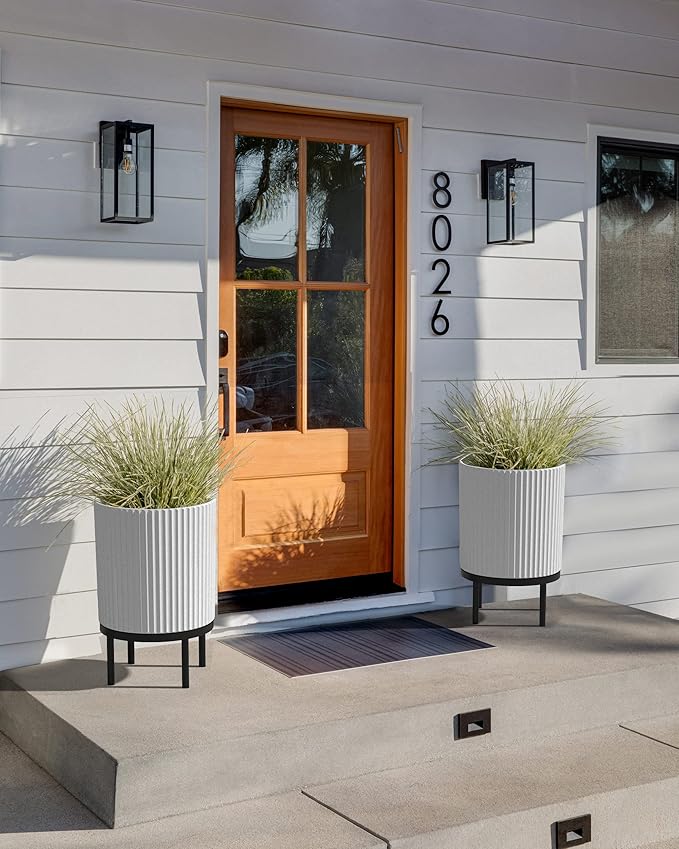 Veradek Demi Series Round Planter w/Stand for Porch/Patio | Durable Plastic-Stone Composite & Wooden Stand | Modern Décor for Tall Plants, Flowers