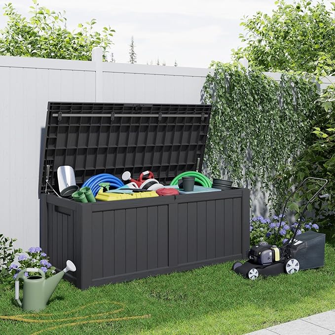 120 GallonOutdoor Storage Box,Resin Deck Boxes Waterproof, IndoorOutdoor Bin for Package Delivery, Patio Cushions, Gardening Tools, Lockable, UV Resistant