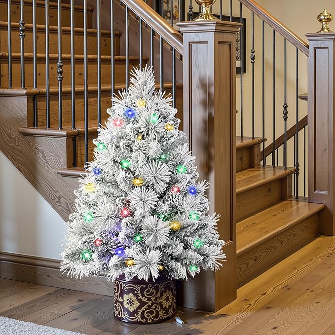 Set of 1 30 Inch Lighted Flocked Outdoor Christmas Tree with Multi-Color Lights, Timer, Battery Operated Pre-lit Scotch Pine Pathway Urn Filler with Pine Cones for Pathway & Porch& Yard Decorations