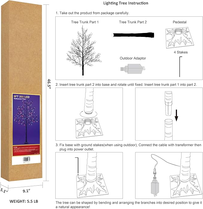 LIGHTSHARE 6FT Halloween Willow Tree 200 LED Lights Artificial Black Spooky Tree for Home, Festival, Nativity, Party, Indoor and Outdoor Use (Orange & Purple, 6FT)