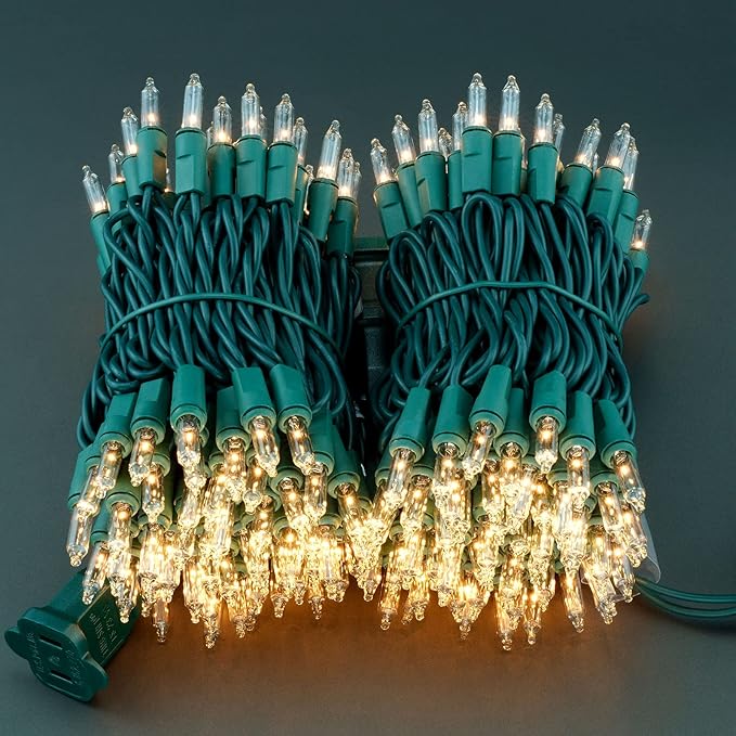 YULETIME 200 Clear Christmas Lights with Green Wire, Pack of 2 Strands of 21 ft 100 Count UL Certified Incandescent Mini String Light (Clear - Green Wire)