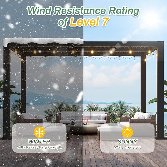 LVUYOYO Outdoor Louvered Pergola 10' x 13' with LED String Lights, Aluminum Pergola with Adjustable Roof, Waterproof Metal Gazebo for Patio, Backyard, Garden, Deck (10x13FT with Lights)