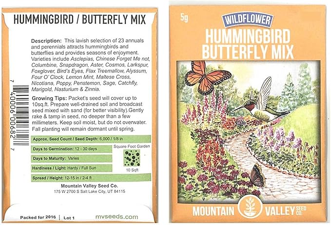 Hummingbird & Butterfly Wildflower Seed Mix - 5 g Packet - Wild Flower Seed Mixture: Alyssum, Lemon Mint, Foxglove, More