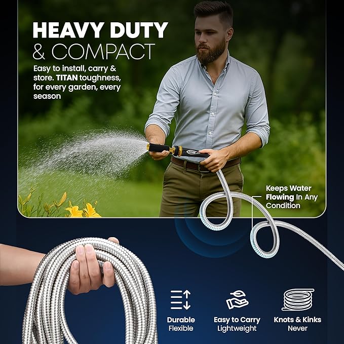 TITAN Garden Hose 50FT - 304 Stainless Steel Metal Water Hose, Flexible, Kink-Free, Lightweight, Durable, Crush Resistant Fittings, Easy to Coil, 500 PSI