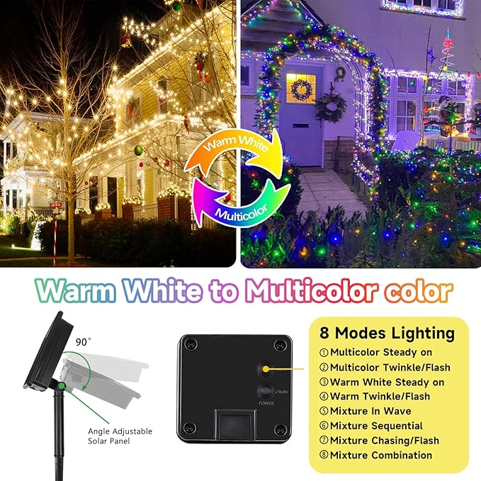 Warm White and Multicolor Color Changing Solar String Lights for Outside, 2 Pack 400LED Solar Christmas Lights Outdoor, Waterproof Copper Wire with 8 Modes Twinkle Fairy Light for Tree Christmas Decor