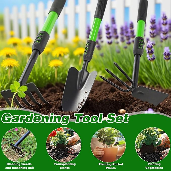 Garden Tool Set, 3Pack Gardening Tools, Stainless Steel Heavy Duty Hand Cultivator, Hoes, Shovel, for Planting Weeding Digging, Green