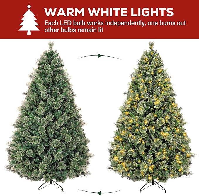 Hykolity 7.5 ft Pre-lit Christmas Tree, Artificial Christmas Pine Tree with 450 Warm White LED Lights, 1580 PVC Branch Tips & Needles, Metal Stand and Hinged Branches