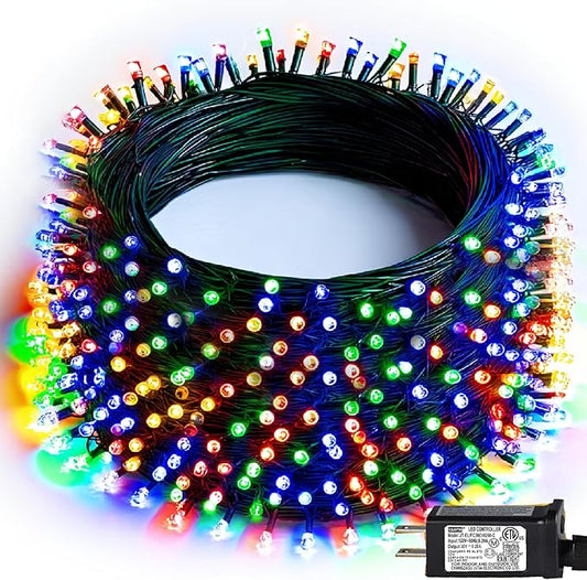 Dazzle Bright Christmas String Lights, 600 LED 196 FT Waterproof Green Wire String Lights with 8 Lighting Modes Timer, Christmas Decoration Outdoor for Party Yard Garden Xmas Tree Decor, Multi-colored