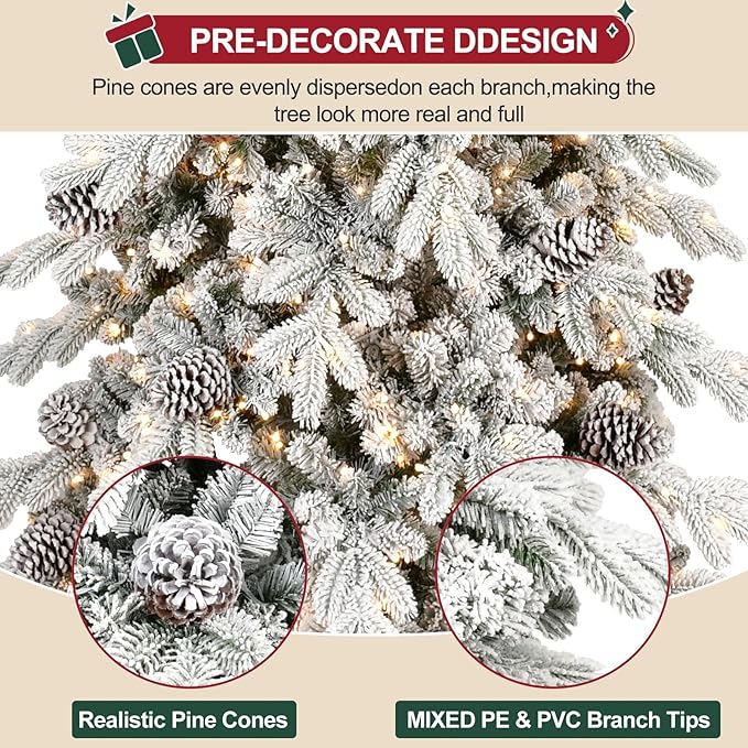 7.5 FT Pre-Lit Snow Flocked Slim Fir Christmas Tree with 1424 PE & PVC Mixed Branch Tips,Artificial Skinny Pencil Xmas Tree with 900 Warm-White Lights & 40 Pine Cones,Hinged Pine Tree with Metal Stand