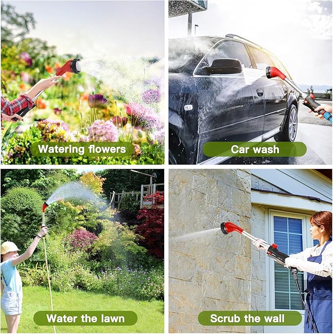 GREEN MOUNT Watering Wand, Heavy Duty Garden Hose Wand with 8 Spray Patterns, 16-Inch Hose Sprayer Nozzle with Flow Control, Ideal for Lawn and Garden Use, Red