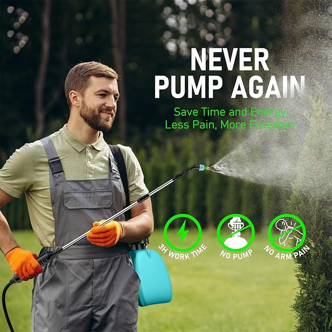 2 Gallon Battery Powered Garden Sprayer, Electric Sprayer, Weed Yard Lawn Sprayers with 5 Mist Nozzles & Retractable Wand & Adjustable Strap for Lawn, Garden, Yard (Teal)