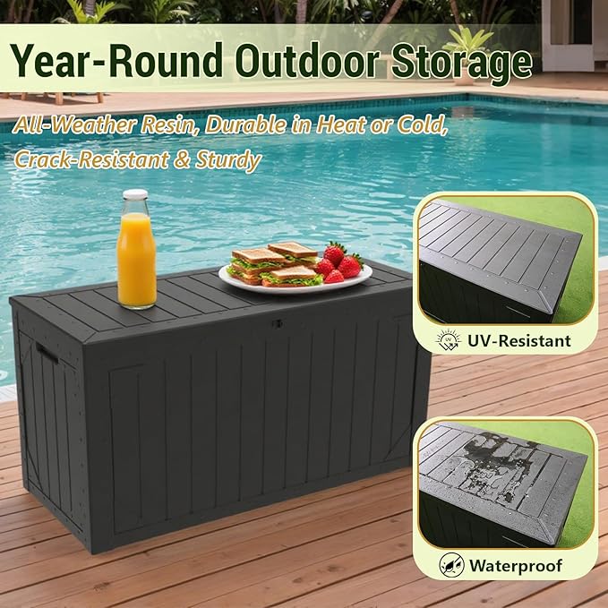 Outdoor Storage Box, 100 Gallon Deck Box Outdoor Storage Bench Outside Waterproof Resin Storage Bench, Lockable Patio Cushions, Garden Tools Storage For Furniture, UV Resistant(Black)