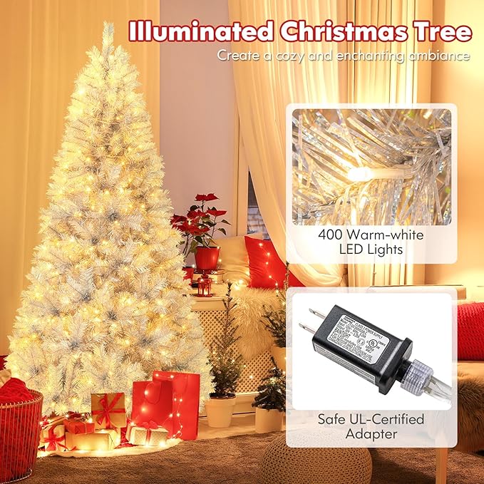 Goplus 7ft Pre-Lit Silver Tinsel Christmas Tree, Artificial Xmas Tree with 807 Branch Tips, 400 Warm White LED Lights, Upgraded Metal Stand, for Home Office Decor
